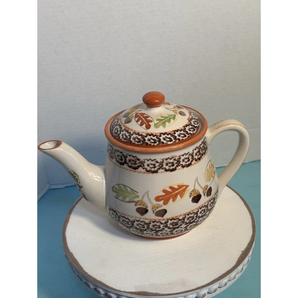 Temp-tations Old World Autumn Tea Serving Set With‎ Tray Fall Leaves Acorns. 6pc